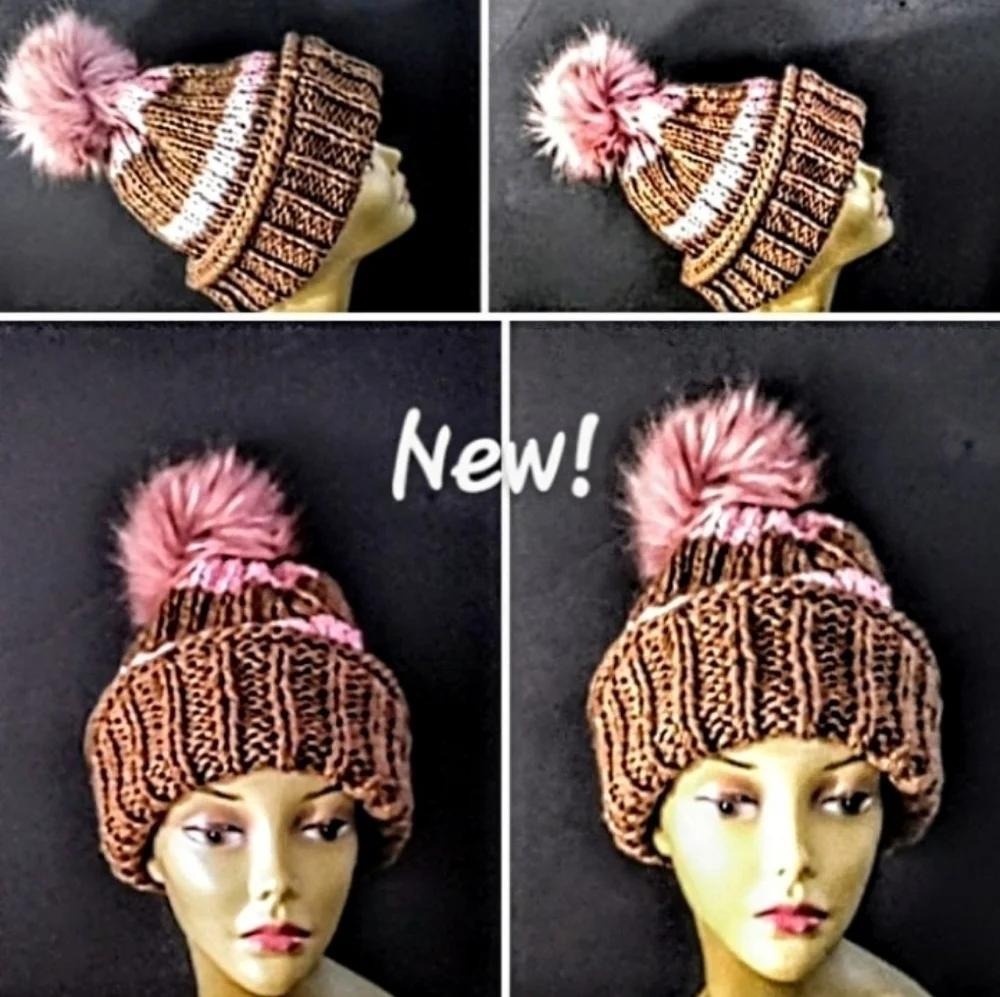 Versatile, Authentic Hand Knitted Beanies Accented With Faux Fur PomPom.